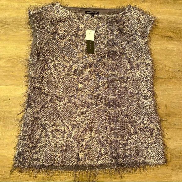 BANANA REPUBLIC ABSTRACT SNAKE SKIN PRINT FRINGE EYELASH BLACK & GRAY TOP S NWT - Picture 14 of 16